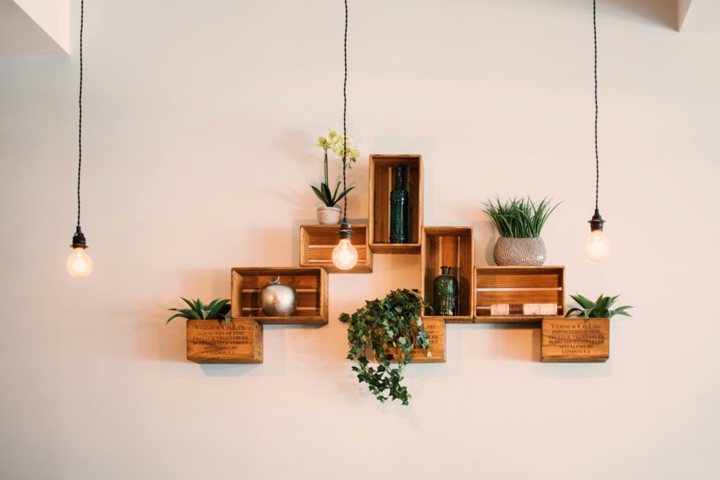 wooden shelves